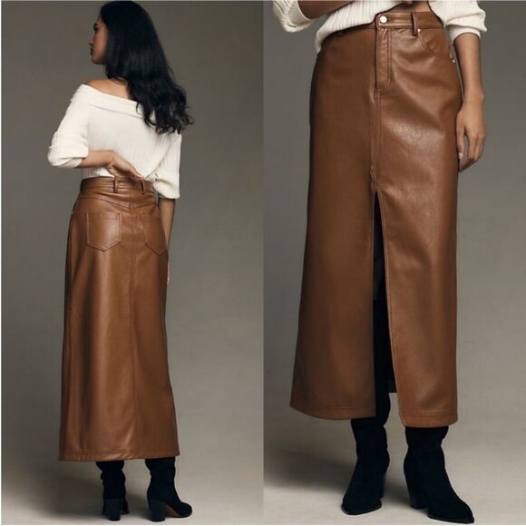 NWT Anthropologie The Madi Faux Leather Front-Slit Denim Skirt by Pilcro sz 4 - Picture 2 of 7